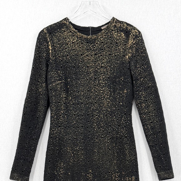BOTTEGA VENETA Perforate Gold Foil Wool Dress Black Gold Sheath Long Sleeve - Picture 4 of 16